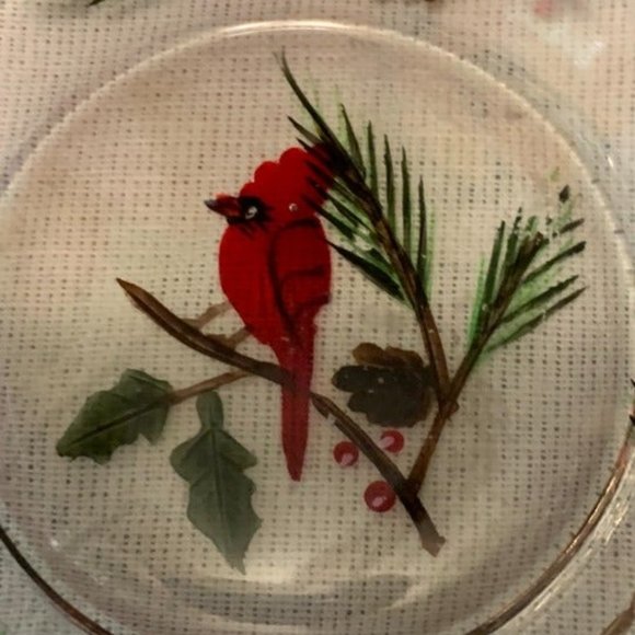 Cardinal & Holly on a Clear Glass Dish with Red Ri - Picture 3 of 11